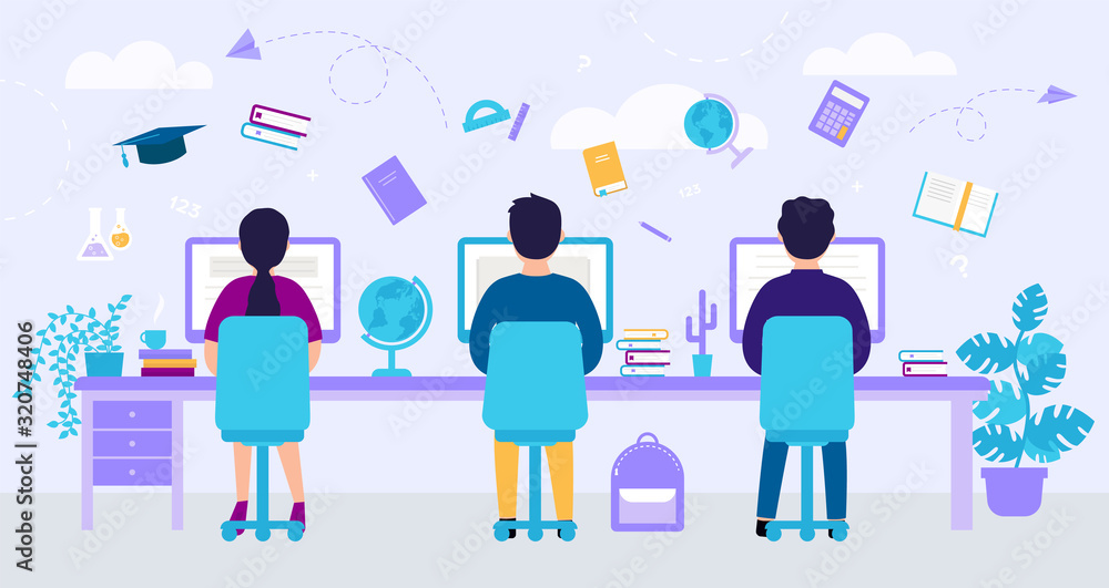 E learning concept With Abstract Background. Young People Are Using Computers for Distance Studying and Education In The Classroom. Flat Style. Vector Illustration E learning concept With Abstract Background. Young People Are Using Computers for Distance Studying and Education In The Classroom. Flat Style. Vector Illustration