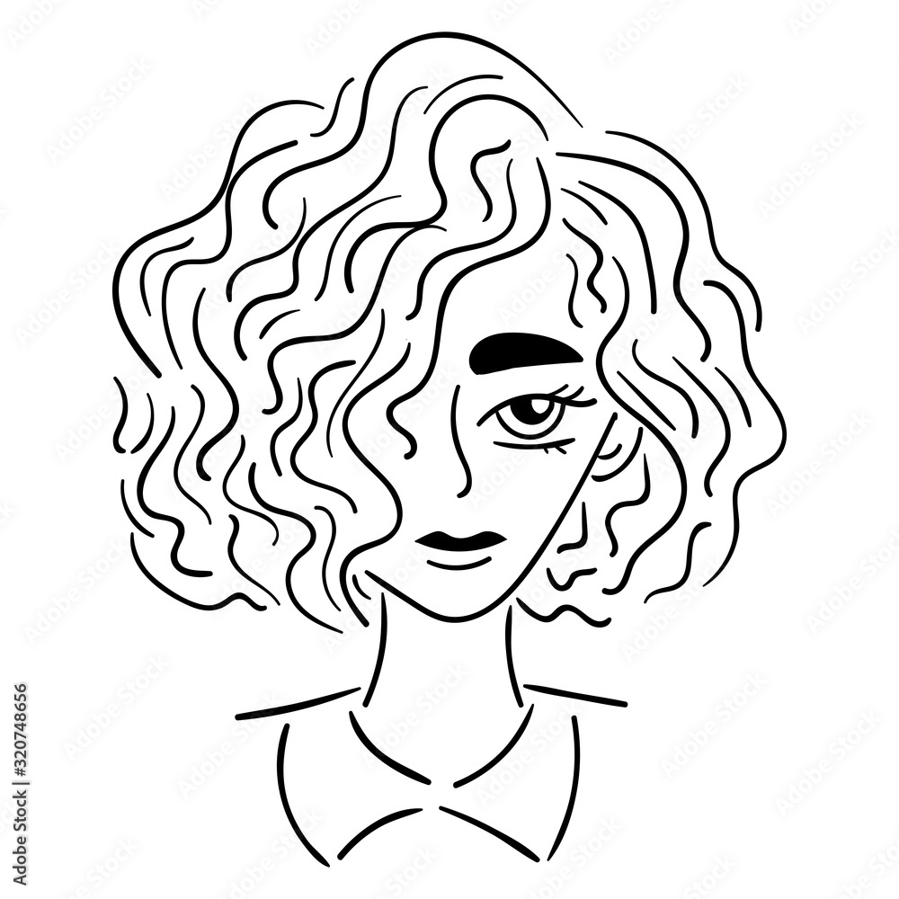 Head of a girl with short wavy hair, black outline isolated on white background, vector Head of a girl with short wavy hair, black outline isolated on white background, vector
