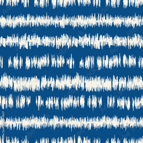 Indigo Classic Blue Tie Dye Icat Irregular Horizontal Stripes Texture Vector Seamless Pattern