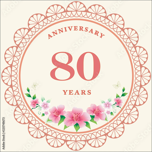 80th years anniversary, birthday card. Vector design background with decorative floral circle for celebration, invitation
