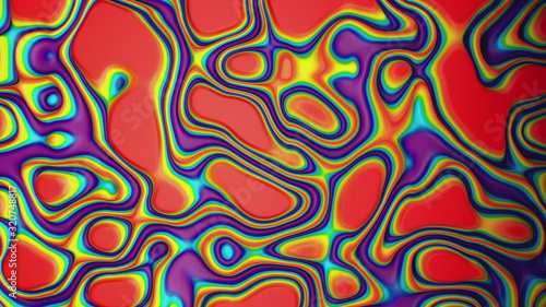 Abstract liquid holographic foil background with wavy surface of trendy vibrant texture and different neon colors. Art and commercial graphic design concept. 3d rendering animated backdrop 4K video.