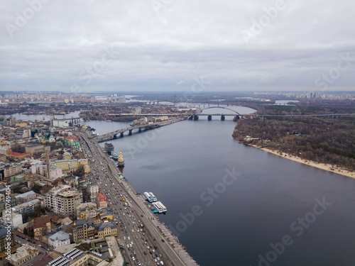 Aerial drone view. View of the Dnieper River and the Podil district in Kiev.