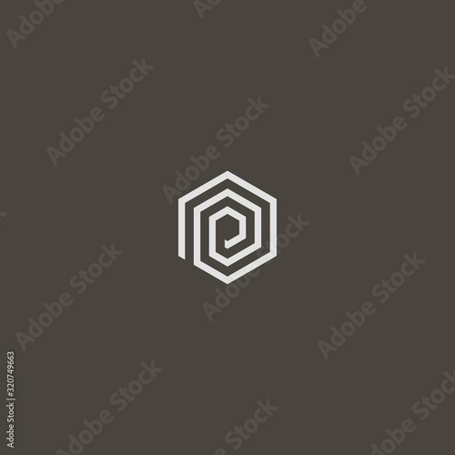 white sign on a black background. simple abstract outline vector flat art geometric sign of spiral striped hexagon