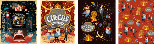 Welcome to the circus! Vector illustrations for a poster, invitation or banner with drawings of the arena, host, clown, magician, gymnasts and animal lion.