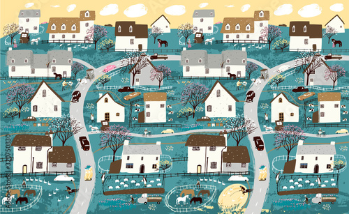 Spring landscape, garden and farming. Vector illustration of nature, village, houses, trees, people and domestic animals. Drawing of a village and city for background, poster or banner.