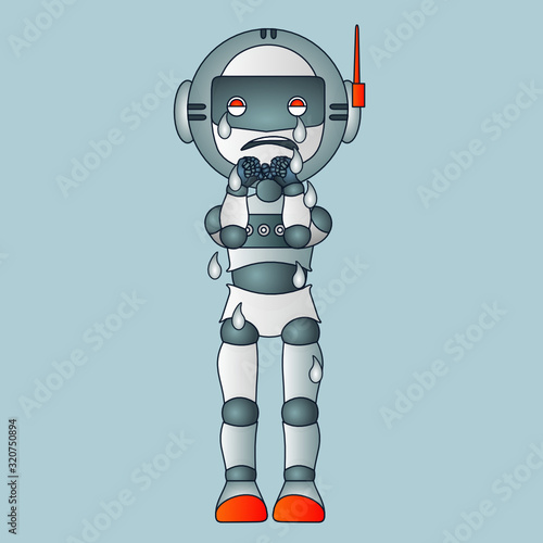 emoji with poor upset robot that weeps and cries with tear drops running on his hands because he is devastated by troubles in life, color hand drawn emoticon