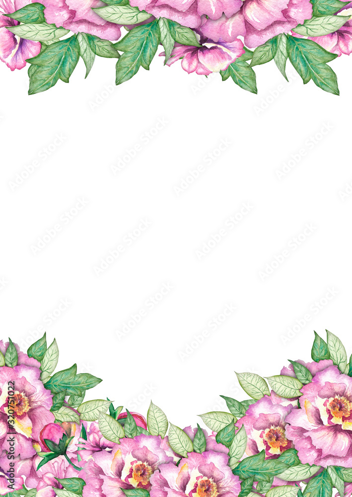 Watercolor Floral Border, Wedding Ornament Concept. Decorative Greeting Card Template. Invitation Design Background. Hand Drawn Illustration. Spring Flowers, Peonies. Soft Romantic Elegant