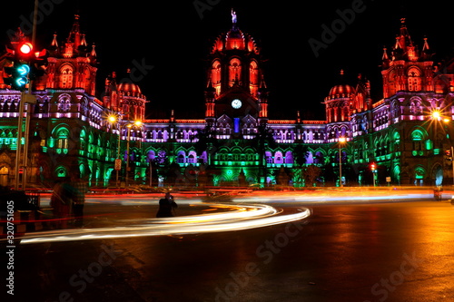 Night view of Victoria Terminus or CST in Mumbai, India