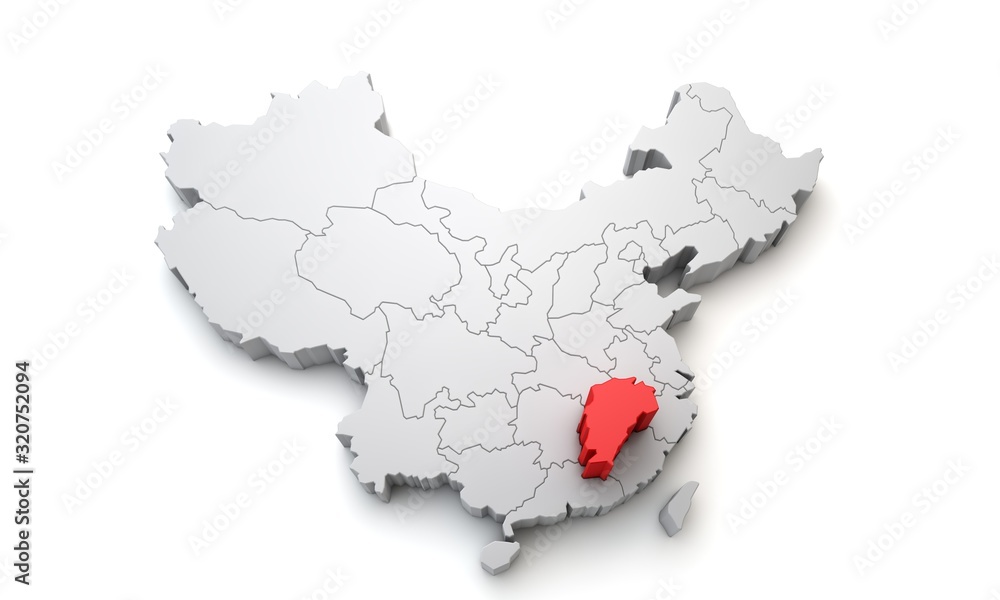 Map of China showing Jiangxi regional area. 3D Rendering