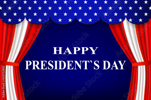 Happy President`s day card, poster or banner. Theater red and white curtains and a valance blue with white stars. American holiday concept. Festive background with curtains. Flat vector illustration