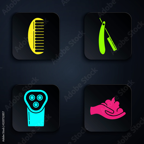 Set Shaving gel foam on hand, Hairbrush, Electrical hair clipper or shaver and Straight razor. Black square button. Vector