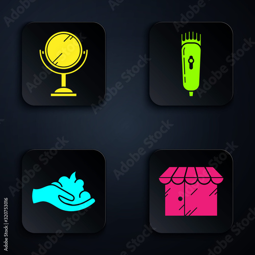 Set Barbershop building, Hand mirror, Shaving gel foam on hand and Electrical hair clipper or shaver. Black square button. Vector