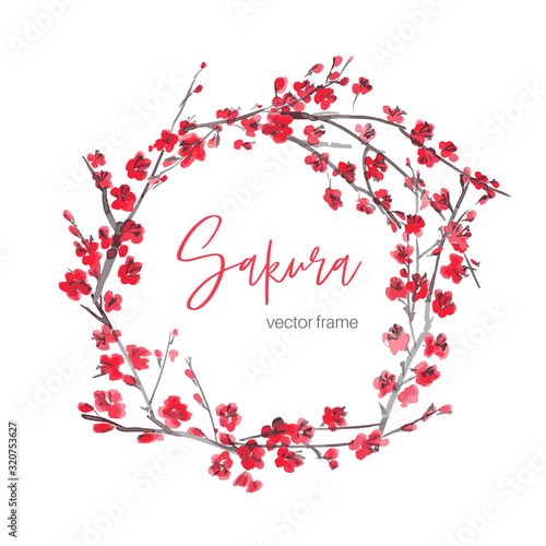 Vector floral round frame made of sakura branches. Spring cherry blossom