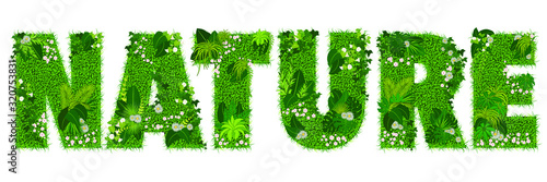 Mot « NATURE » composé de lettres florales - illustration vectorielle d’un gazon fleuri.
