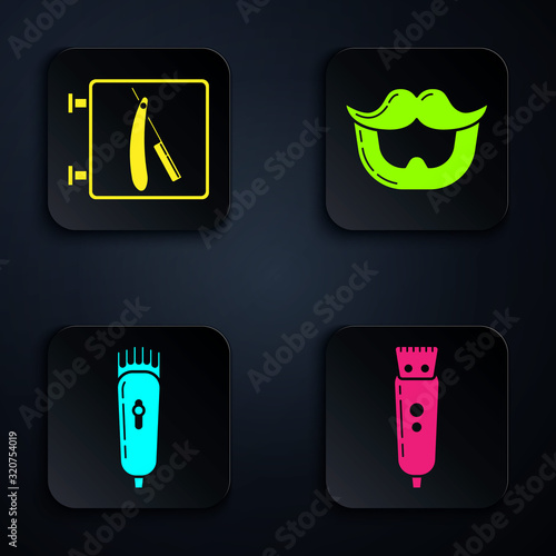 Set Electrical hair clipper or shaver, Barbershop with razor, Electrical hair clipper or shaver and Mustache and beard. Black square button. Vector