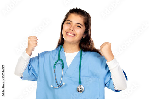 Funny girl with blue doctor uniform