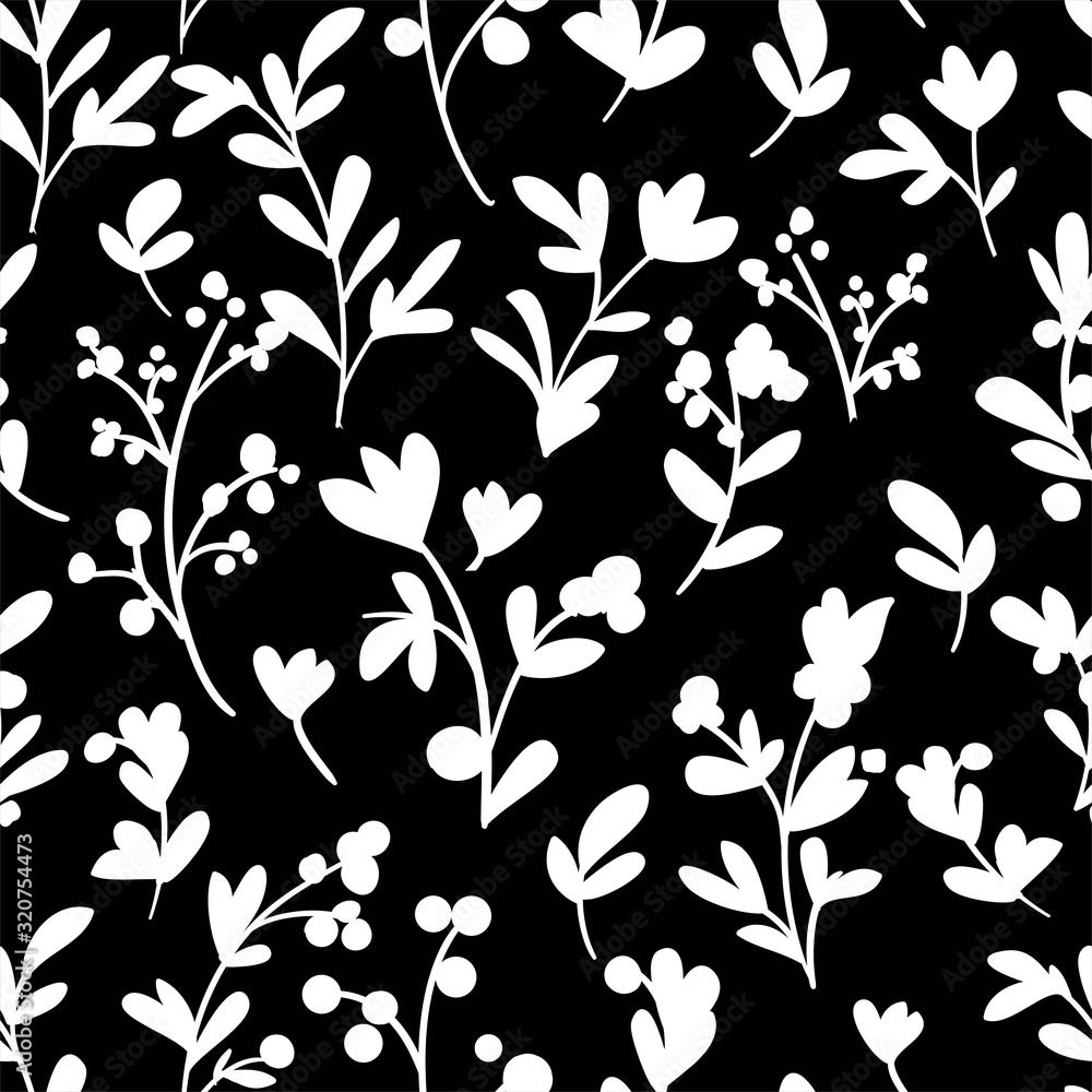 Black and white branches with leaves background. Monochrome print design for textiles. Vector. Black and white branches with leaves background. Monochrome print design for textiles. Vector.
