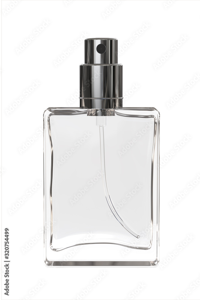Clear Glass Perfume Spray Bottle. Realistic 3D Render Isolated on White Background. Clear Glass Perfume Spray Bottle. Realistic 3D Render Isolated on White Background.