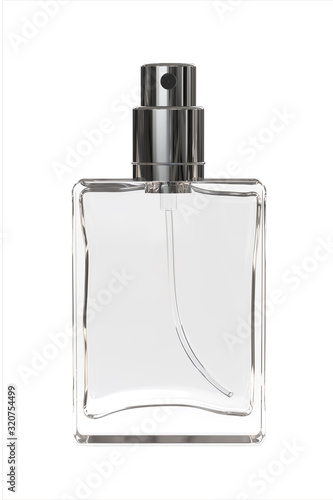 Clear Glass Perfume Spray Bottle. Realistic 3D Render Isolated on White Background.