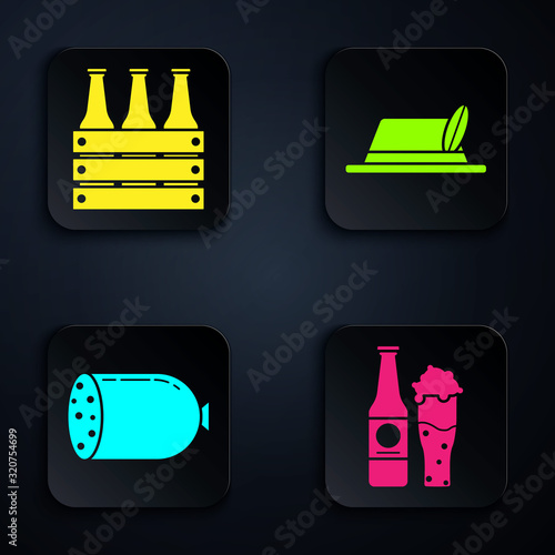 Set Beer bottle and glass, Pack of beer bottles, Salami sausage and Oktoberfest hat. Black square button. Vector photo