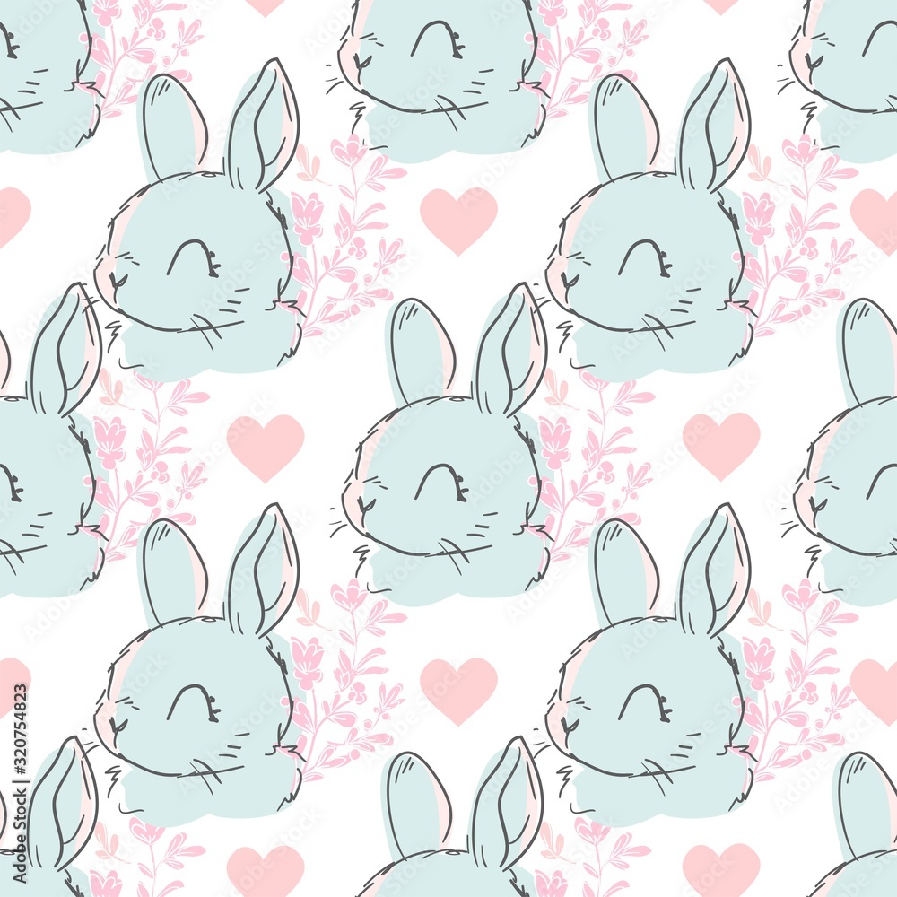 Hand Drawn Cute Bunny and Heart Pattern, print design rabbit background, children print textile design Hand Drawn Cute Bunny and Heart Pattern, print design rabbit background, children print textile design
