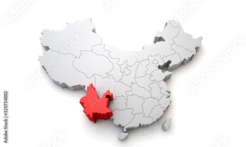 Map of China showing Yunnan regional area. 3D Rendering