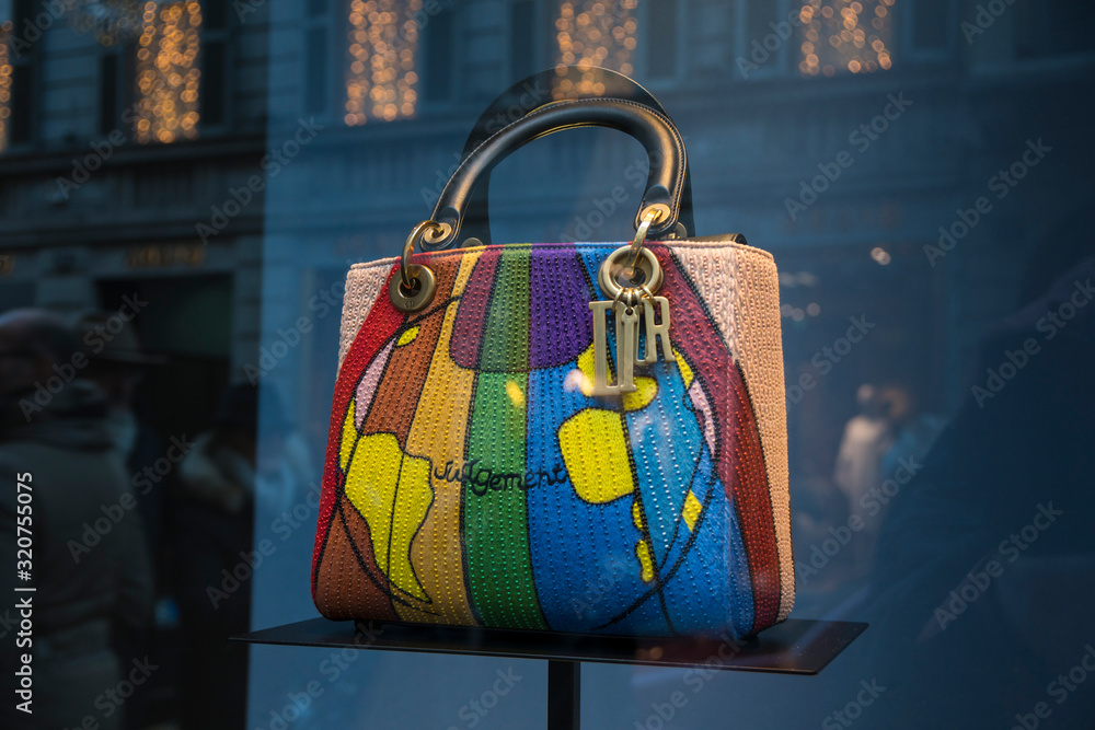 Dior handbag on display in the window of the Christian Dior‎ store in Montenapoleone street