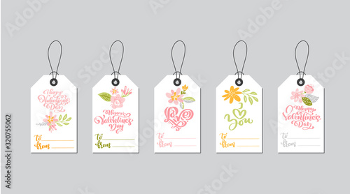 Set of Valentines Day gift tags with lines To and From. Typographic vector design with illustrations and wishes. Holiday valentine card badges and labels with love theme