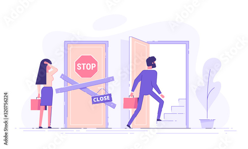 Preoccupied woman standing near the closed door and man opening the door and walking up the stairs. Unequal career opportunities between men and women. Discrimination of women in career growth. Vector