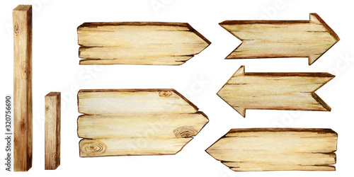 Watercolor Wooden signboards, empty Blank isolated. Set of vintage old, retro Hand painted wood banners, planks, board. Signs for messages with arrow for pathfinding. Illustration with space for text