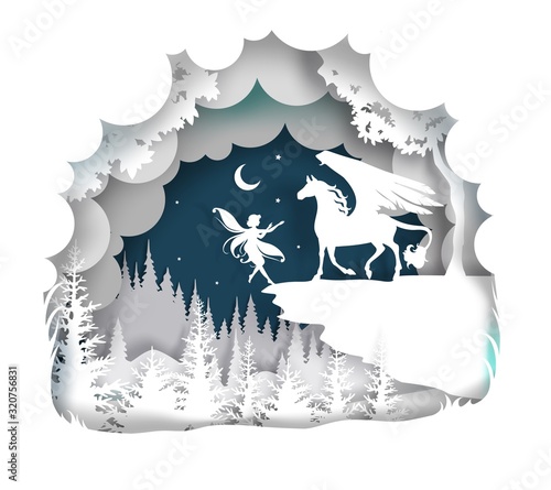 Fairytale Pegasus, vector illustration in paper art style