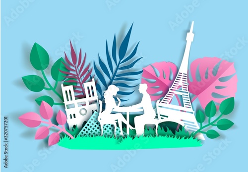 Romantic travel poster, banner template, vector paper cut illustration
