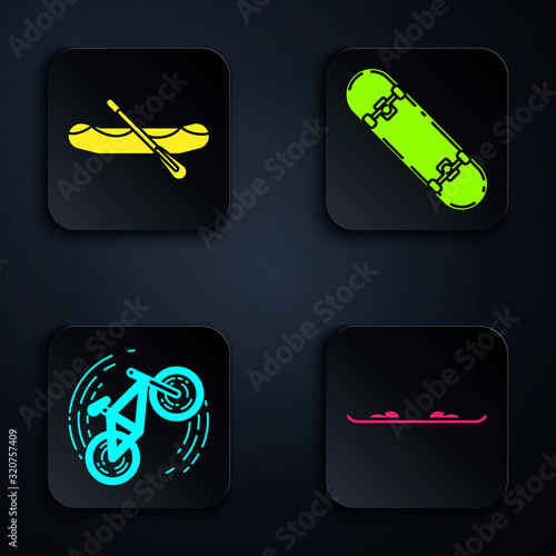 Set Snowboard, Rafting boat, Bicycle trick and Skateboard trick. Black square button. Vector