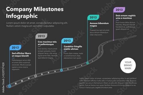Modern business infographic for curved road map timeline template with pointers - dark version. Easy to use for your website or presentation.