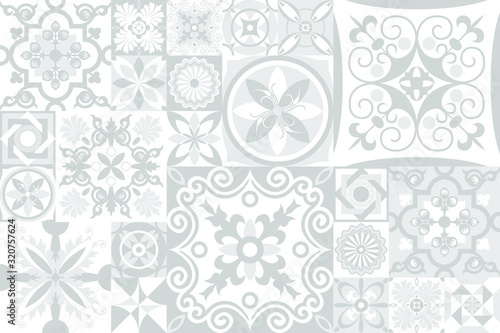 Vintage grey tiles intricate details for a decorative look. Ceramic paint floor, ornament Collection Patchwork Pattern Colorful Painted tin Vector background Pattern. Geometric decoration for floor