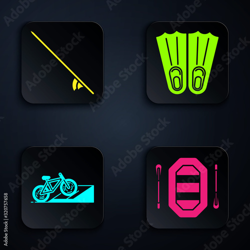 Set Rafting boat, Surfboard, Bicycle on street ramp and Rubber flippers for swimming. Black square button. Vector