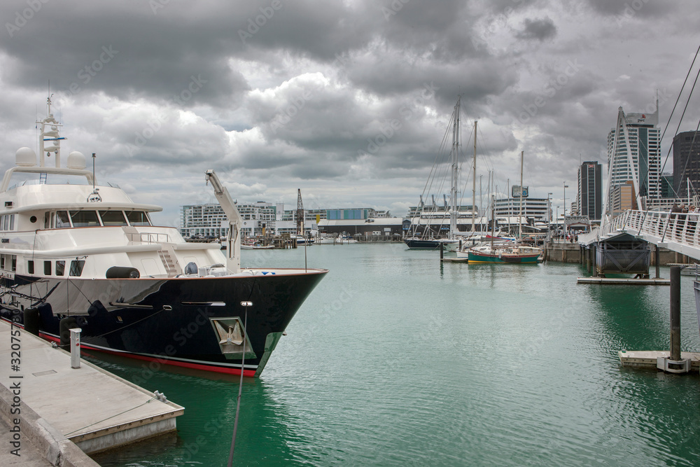 Harbor Auckland New Zealand. Boats and skyline. Yachts