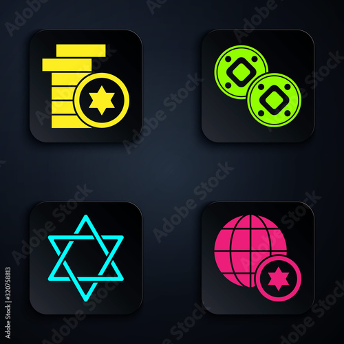 Set World Globe and Israel, Jewish coin, Star of David and Jewish coin. Black square button. Vector photo