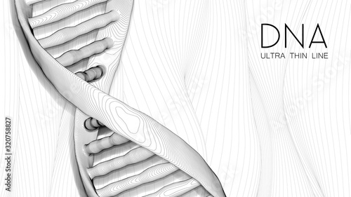 Ultra thin line DNA double helix illustration. Mysterious source of life trendy background. Genom 3d futuristic science image. Conceptual design of genetics information on white backdrop