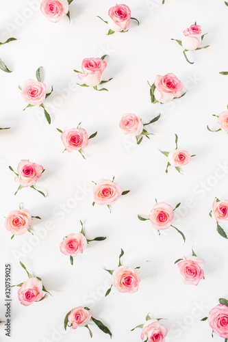 Floral composition with pink rose flower buds and leaves pattern texture on white background. Flatlay, top view.