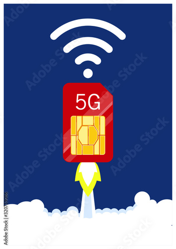 SIM card takes off. Symbol of speed. Symbol of the future. Rocket takeoff. Cosmic speeds. Background for a poster.