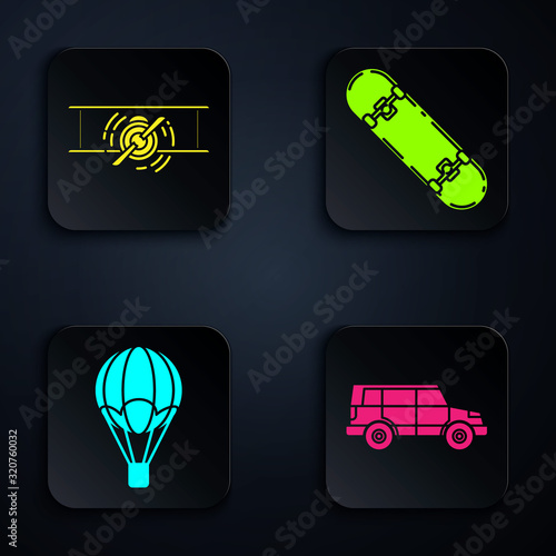 Set Off road car, Old retro vintage plane, Hot air balloon and Skateboard. Black square button. Vector