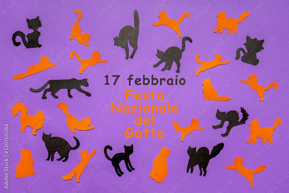 Happy Cat Day in Italy. Orange and black funny cat silhouettes on lilac pastel background. Festive layout for feline holiday, text in Italian 17 FEBRUARY NATIONAL CAT DAY. Flat lay, top view