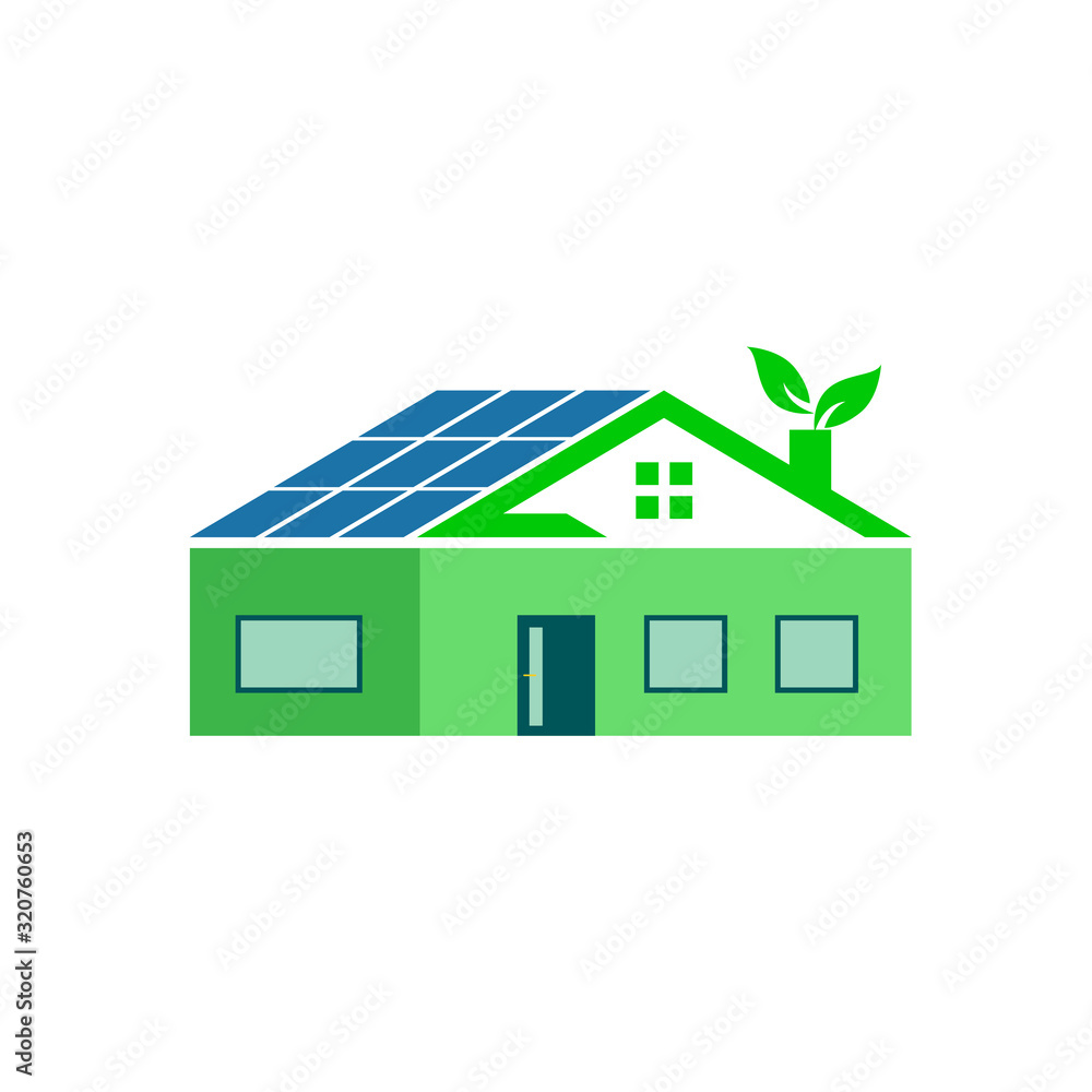 Green Eco Friendly House Concept Flat Icon with Solar Energy Panels and Leaves Growing Out of Chimney Green Eco Friendly House Concept Flat Icon with Solar Energy Panels and Leaves Growing Out of Chimney