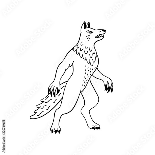 Magical creatures set. Mythological animal - werewolf. Doodle style black and...