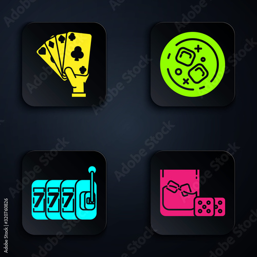 Set Game dice and glass of whiskey with ice cubes, Hand holding playing cards, Slot machine with lucky sevens jackpot and Glass of whiskey and ice cubes. Black square button. Vector