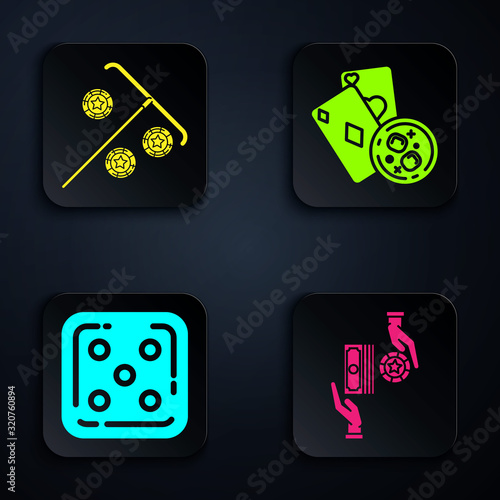 Set Casino chips exchange on stacks of dollars, Stick for chips, Game dice and Playing cards and glass of whiskey with ice cubes. Black square button. Vector