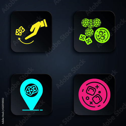 Set Glass of whiskey and ice cubes, Human hand throwing game dice, Casino location and Casino chips, game dice and glass of whiskey with ice cubes. Black square button. Vector