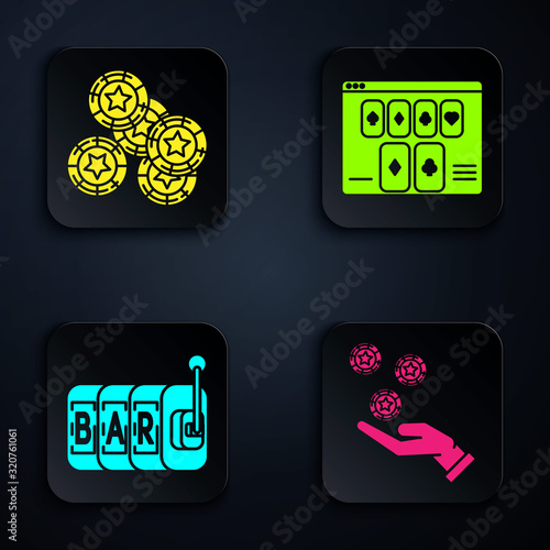 Set Hand holding casino chips, Casino chips, Slot machine and Online poker table game. Black square button. Vector