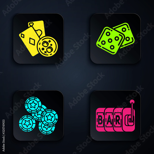 Set Slot machine, Playing cards and glass of whiskey with ice cubes, Casino chips and Game dice. Black square button. Vector